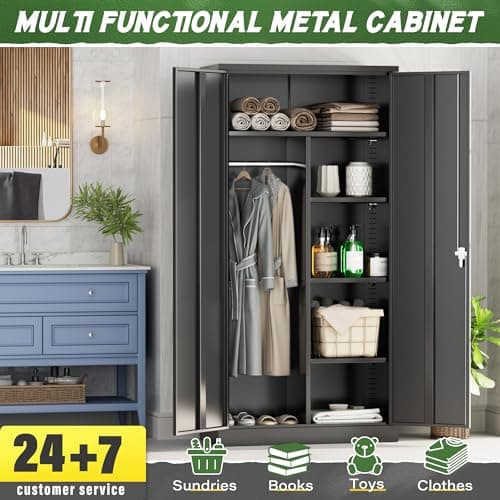 Greenvelly Black Metal Wardrobe Closet with Doors & Shelves