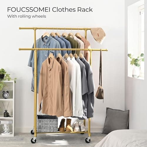 Heavy Duty Rolling Clothes Rack, Gold, Max 400Lbs, Double Rod Organizer