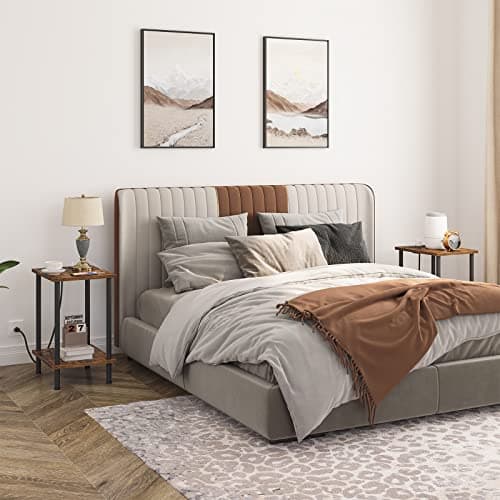 HOOBRO Set of 2 Side Tables with Charging Station and Storage Shelves for Small Spaces - Rustic Brown