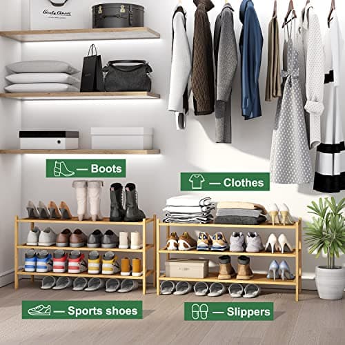 Bamboo 3-Tier Long Shoe Rack for Entryway | Foldable & Stackable Shoe Organizer