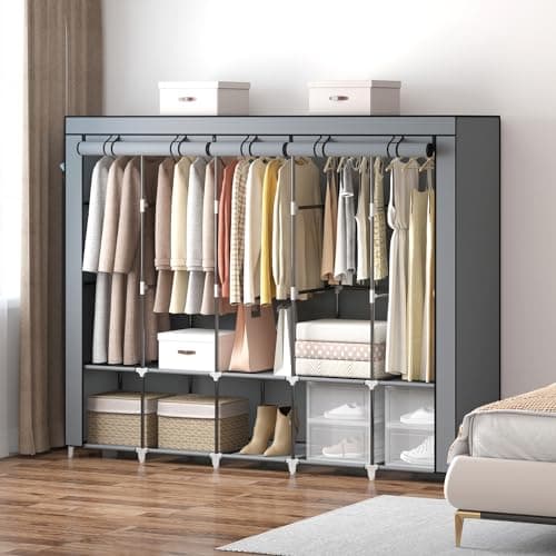 83 Inch Wide Portable Closet Wardrobe with Cover, Hanging Rods & Shelves, Grey