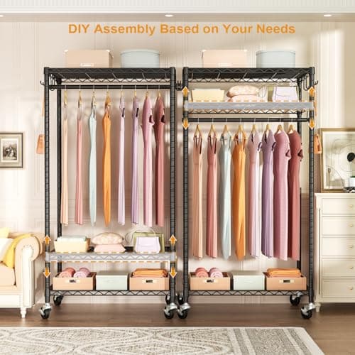 Heavy Duty P6 Rolling Clothes Rack, Max 380 LBS, Portable Closet Rack, Black