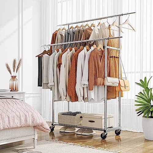 Trending Double Rod Clothing Rack with 4 Hooks & Wheels, Chrome