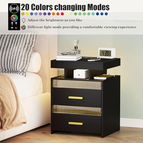 Modern Wood Nightstand with Charging and LED Lights, 2 Drawers, Black