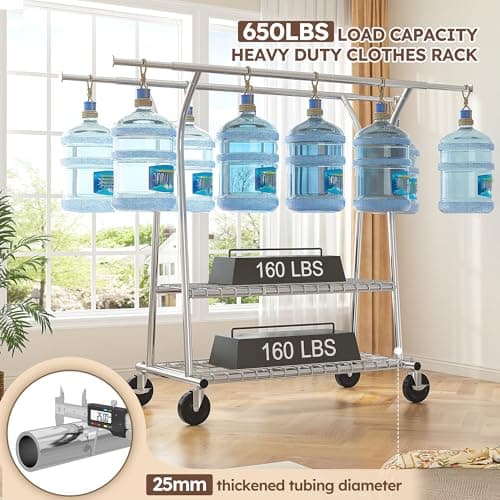 Raybee 78" W Heavy Duty Clothing Rack, 650LBS Load, Shelves & Wheels, Portable & CollapsibleChrome