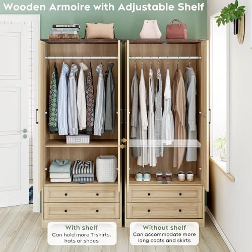 Yechen 71" Natural Wooden Storage Armoire with Adjustable Shelves & Hanging Rail