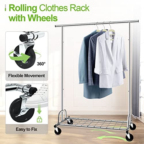Sturdy 75" Collapsible Metal Rollable Clothes Rack, 480LBS Capacity, Chrome Silver