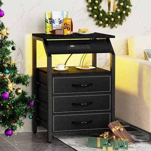 Modern Black End Tables Set of 2 with Charging & LED Lights & 3 Drawers