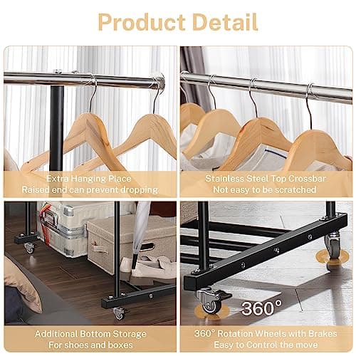 Heavy Duty Double Clothing Rack with Wheels, Black, 130LB Capacity