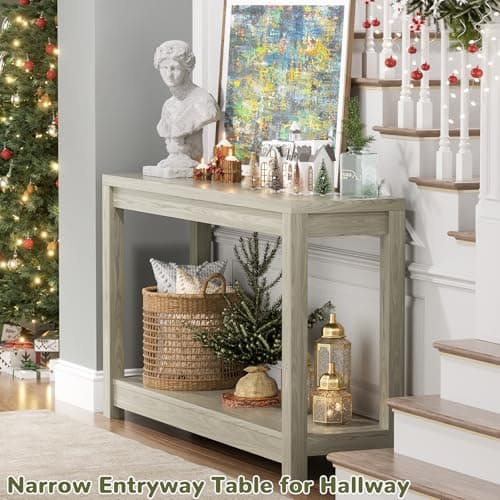 Classical Washed Oak Narrow Entryway Table with Storage, Easy Assembly, 32"