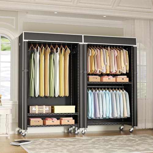 P1C Rolling Metal Closet Rack with Cover, Black, 450LB Load Capacity