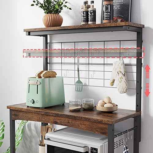Bestier Height-Adjustable 45-55" Microwave Racks with Storage & Wheels, Rustic Brown