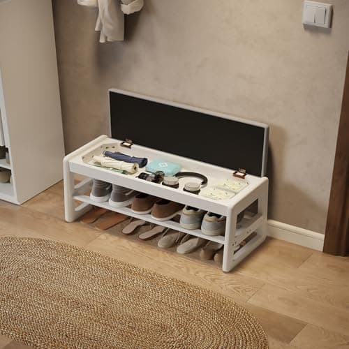 Walnut Wood 2-Tier Shoe Bench with Flip-Top Storage for Entryway