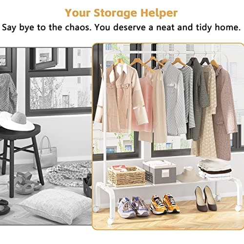 White Metal Rolling Clothes Rack with Bottom Shelf