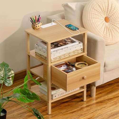 Lerliuo 3-Tier Nightstand with Charging Station - Natural Wood