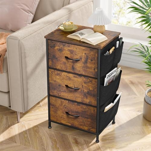 Rustic Brown Night Stand with 3 Drawers & Removable Pockets