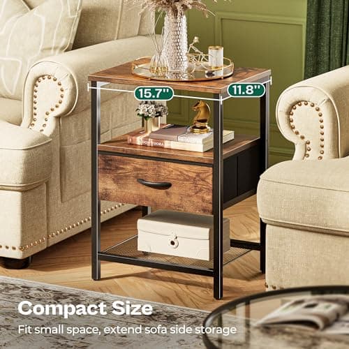 Huurger Nightstand Set of 2: Rustic Brown, Fabric Drawers & Mesh Shelf