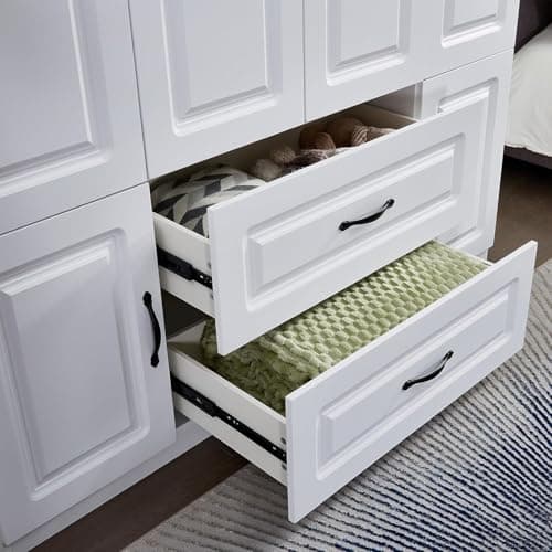 White Large Wood Armoire Wardrobe with 4 Doors 2 Drawers Shelves Hanging Rails