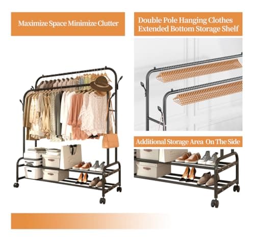 Sturdy Metal Double Rodding Clothes Rack with Wheels & Shelves, Black