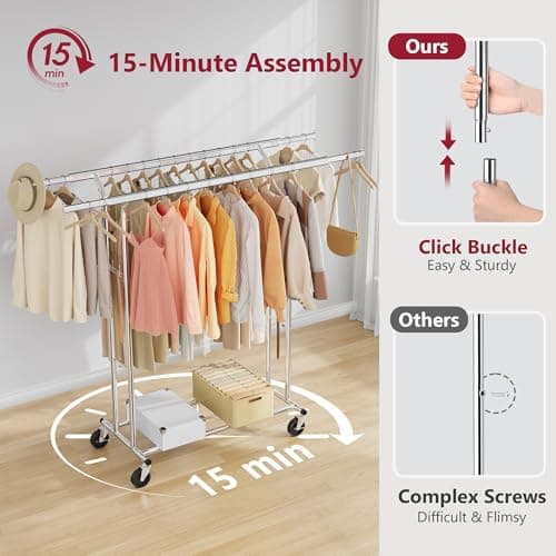 Tajsoon 600 LBS Commercial Rolling Clothing Rack with Shelf, Chrome