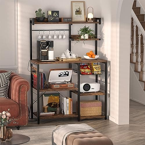 Aheaplus Rustic Brown Bakers Rack with Power Outlet & LED Lights, 10 Hooks & Wire Basket
