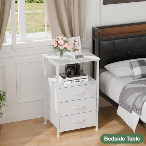 White Nightstand with LED Light, 3 Fabric Drawers for Small Spaces