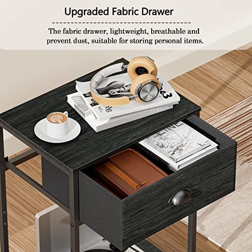 Furologee Black Oak Small Nightstand with Fabric Drawer & Storage Shelf