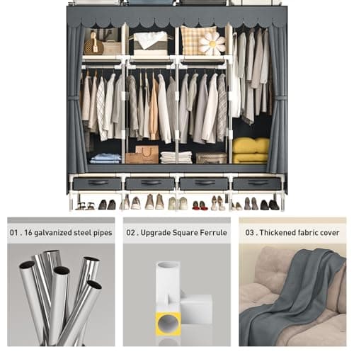 Large Grey Metal Closet with 4 Hanging Rods & Drawers, Non-Woven Dust Cover, 66.93in High, Bedroom Storage
