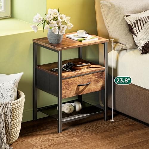 Huurger Nightstand Set of 2: Rustic Brown, Fabric Drawers & Mesh Shelf