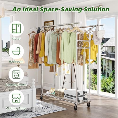 Heavy Duty Rolling Clothes Rack 400 LBS, Standing Metal Garment Rack with Shelves & Sturdy Wheels