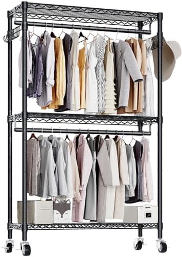 Heavy Duty 3 Tiers Garment Rack with Hanging Rods & Hooks, Black