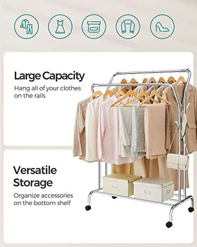 SONGMICS Double-Rod Clothing Rack with Wheels, 220 lb Max Load, Silver UHSR107E01