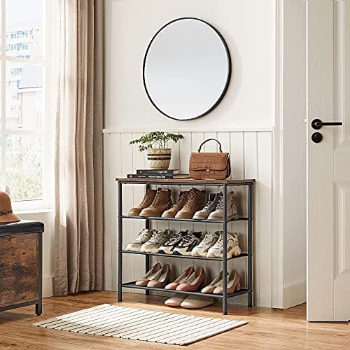 VASAGLE 4-Tier Shoe Organizer, Holds 12 Pairs, Rustic Brown and Black, ULBS035B01