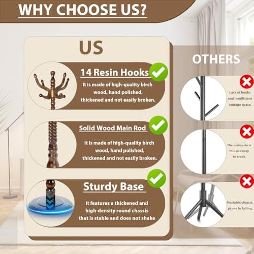 Modern Solid Wooden Coat Rack, 11 Hooks, Natural Birch, 330 lbs Capacity