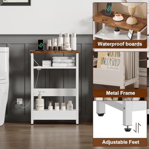 IBUYKE Narrow Side Table Set of 2 with Charging Station, White and Brown UTMZ006W-2