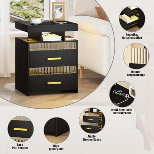 Modern Wood Nightstand with Charging and LED Lights, 2 Drawers, Black