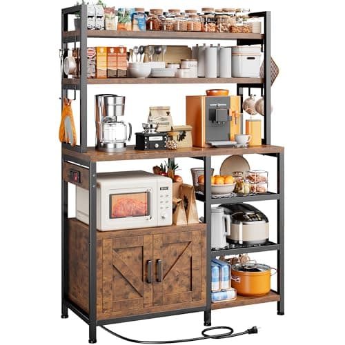 EnHomee Rustic Brown Bakers Rack with Power Outlet & Storage
