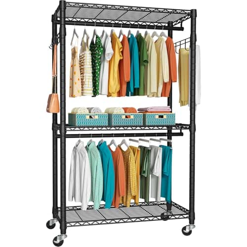 Heavy Duty 3-Tier Metal Closet Organizer, Rolling with Lock & Hooks, Max 450 LBS, Black