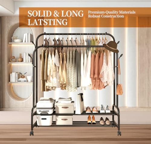 Sturdy Metal Double Rodding Clothes Rack with Wheels & Shelves, Black