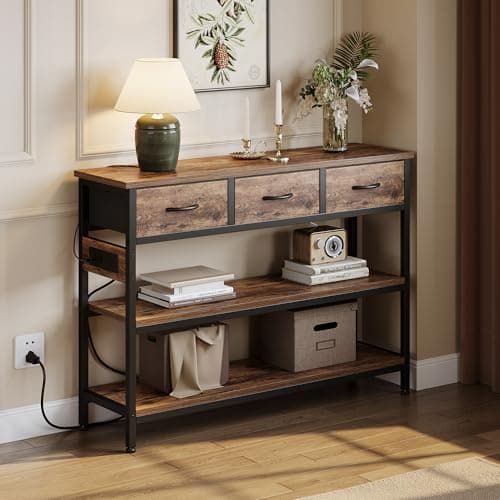 Lulive Adjustable Entryway Table with Power Outlets & 3 Drawers (Rustic Brown, 43")