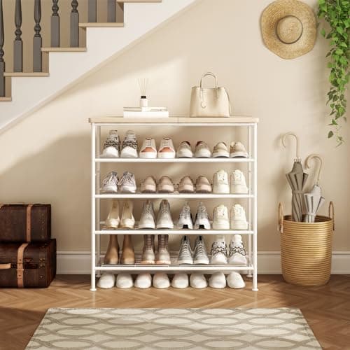 White + Oak 5-Tier Metal Shoe Organizer for Closet Entryway