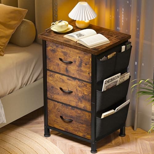 Rustic Brown Night Stand with 3 Drawers & Removable Pockets