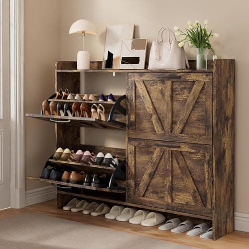 Freestanding Black Metal Handle Shoe Cabinet with 4 Flip Drawers, White & Wood Legs for Entryway