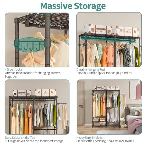 Black Heavy Duty 3-Tier Metal Wire Closet Organizer with 2 Rods, Max 800LBS Load