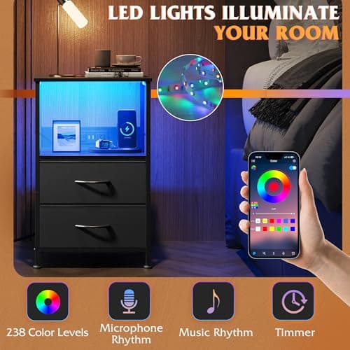 WLIVE Black Night Stand with Charging & Storage