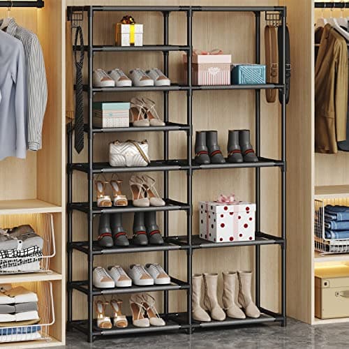 Large Capacity Black Garage Shoe Rack, 24-35 Pairs, Two Rows Hooks