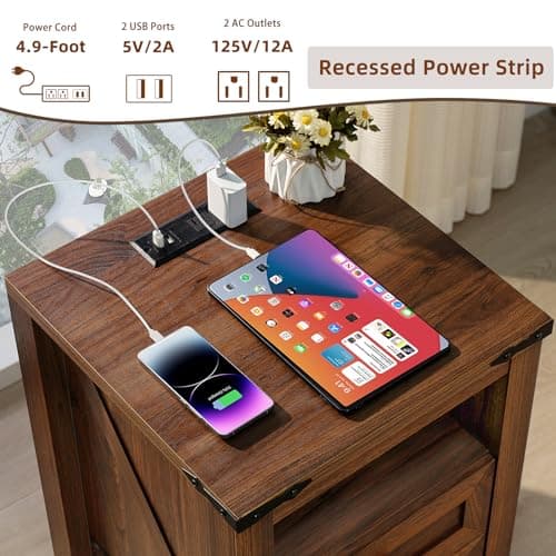 Rustic Brown Nightstands Set of 2 with Charging Station & Drawers