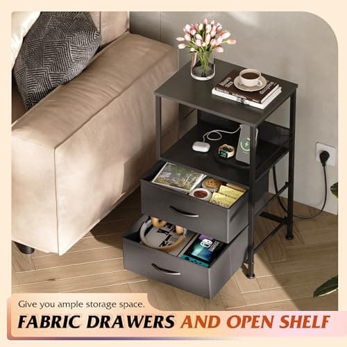 WLIVE Black Night Stand with Charging & Storage