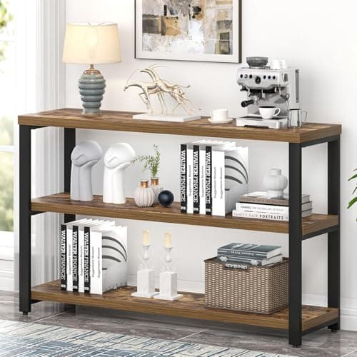 EXCEFUR Industrial Sofa Console Table with 3 Tier Storage Shelves, Rustic Brown