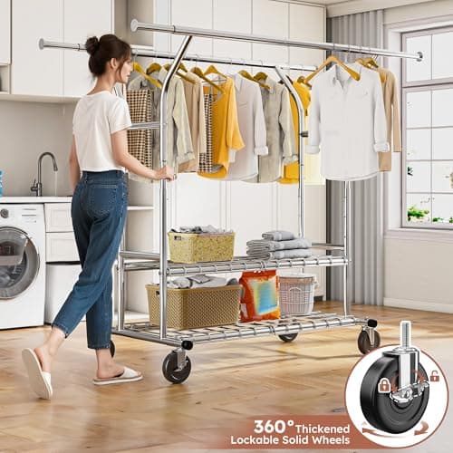 Raybee Heavy Duty Clothing Rack with Wheels, Load 630LBS, Adjustable 74" W x 25" D